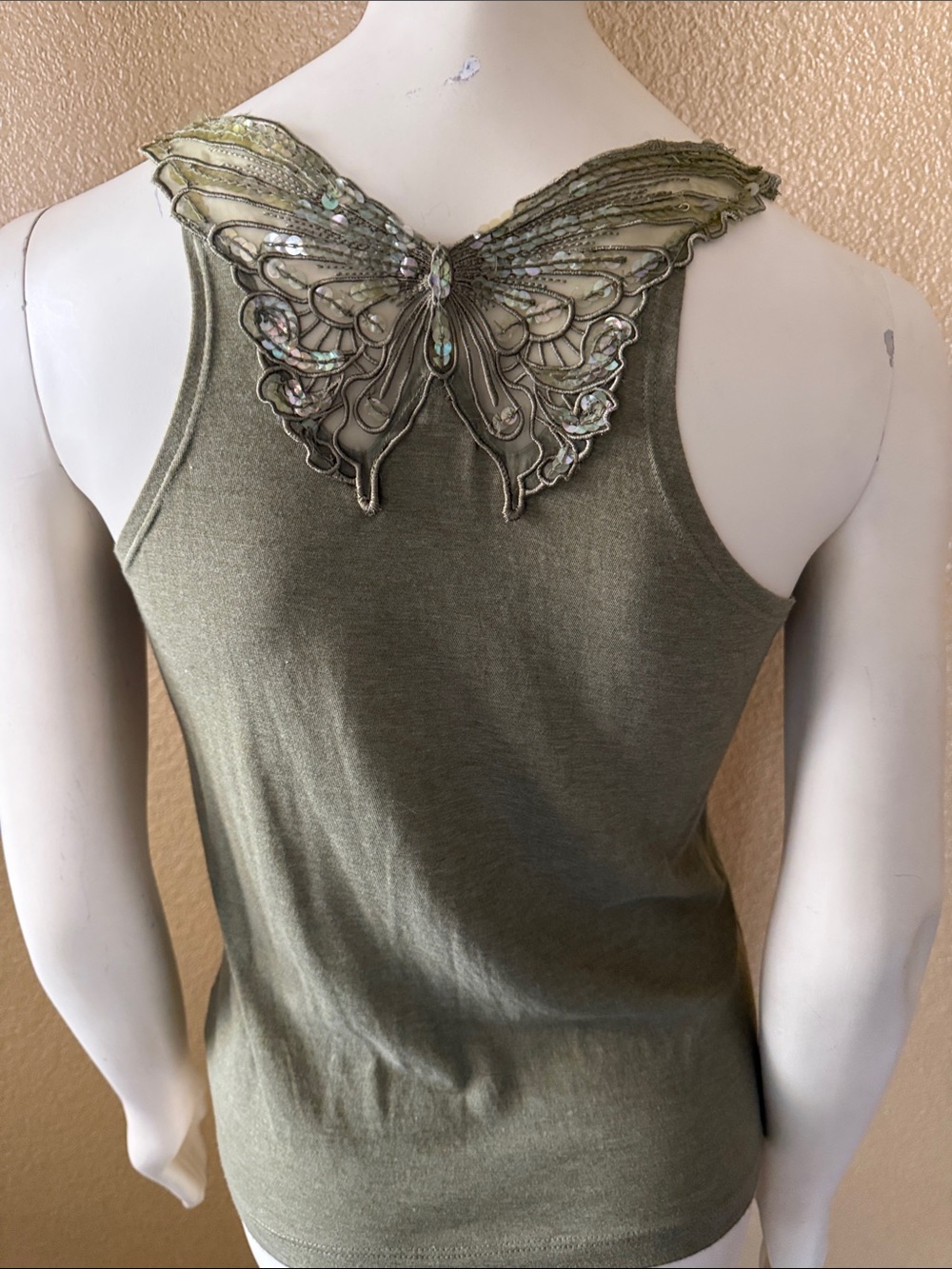 Free People Olive Scoop Neck Tank with Sequin Trim